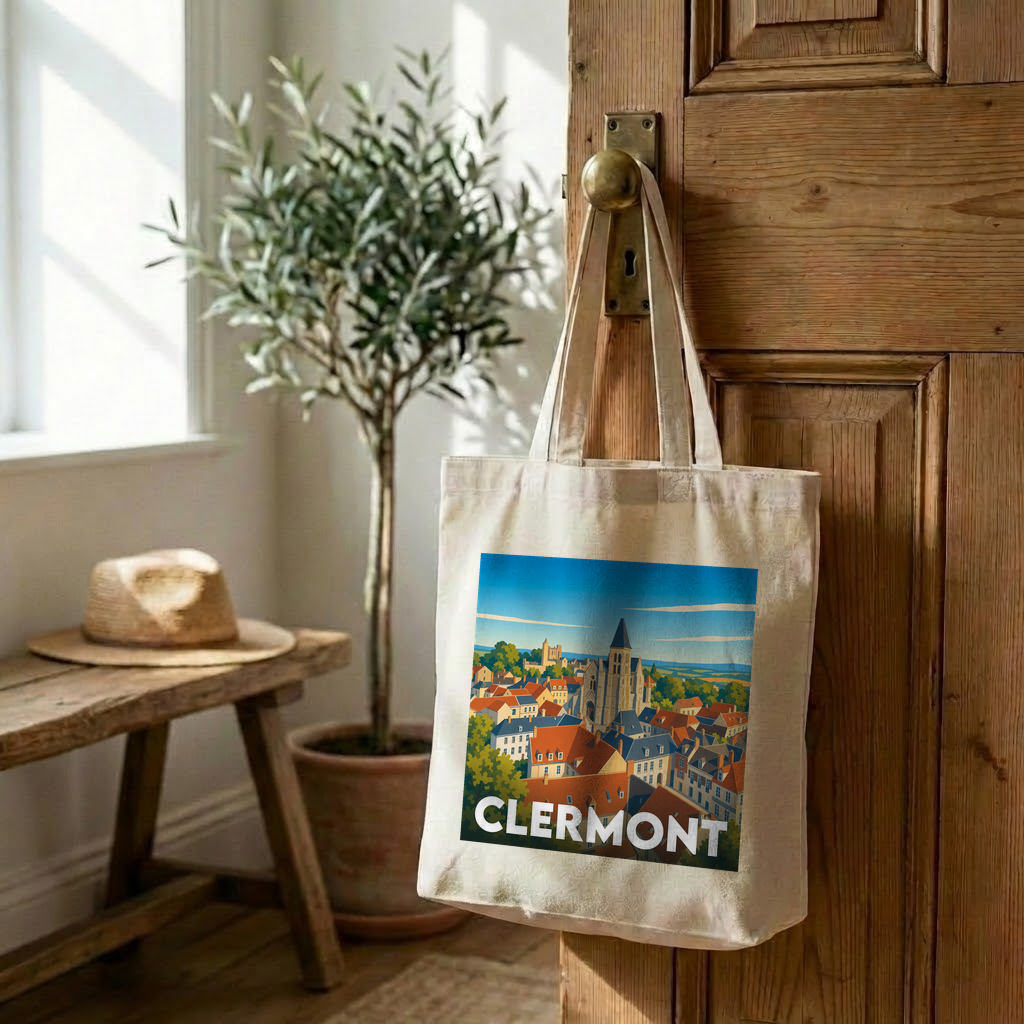 Tote bag souvenir de la ville de Clermont avec une illustration stylisée d'un paysage urbain.