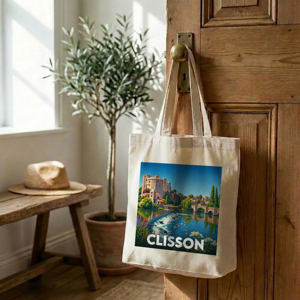 Tote bag souvenir de la ville de Clisson avec une illustration stylisée.