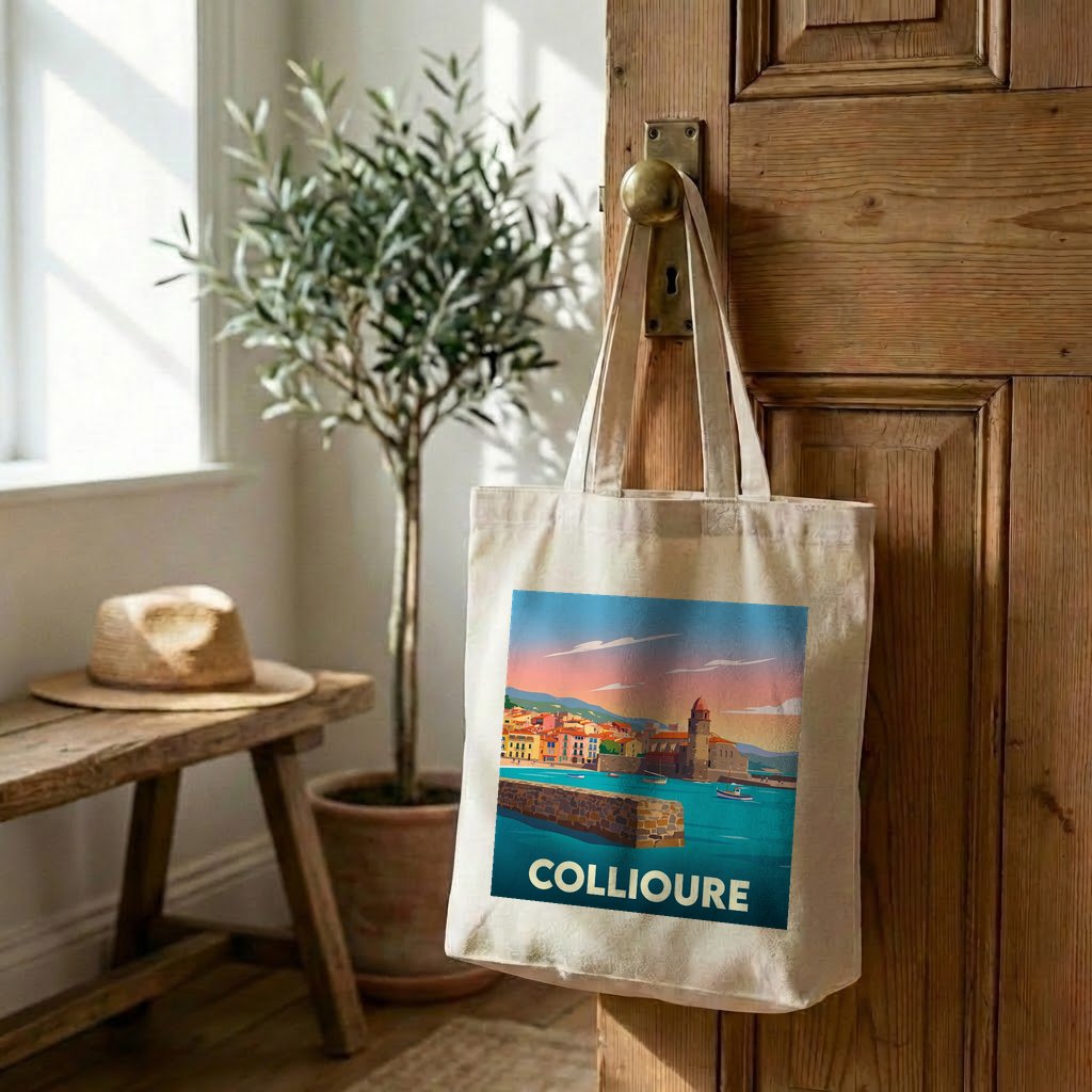 Tote bag souvenir de la ville de Collioure avec une illustration stylisée.