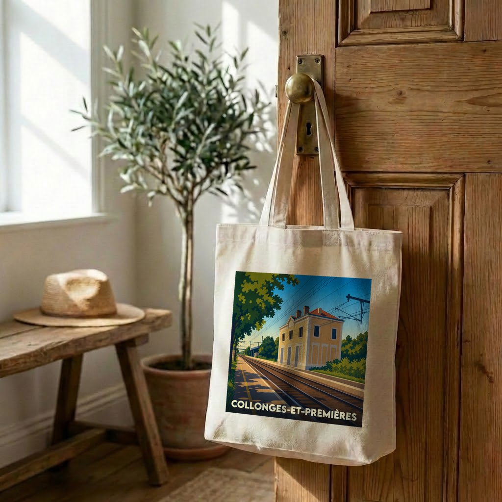 Tote bag souvenir de la ville de Collonges-et-Premières avec une illustration stylisée de sa gare ferroviaire.