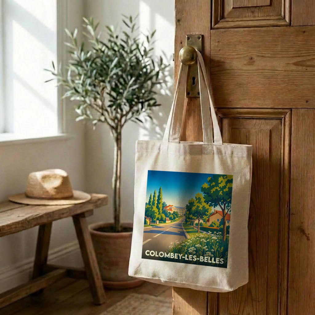 Tote bag souvenir de la ville de Colombey-les-Belles avec une illustration stylisée.