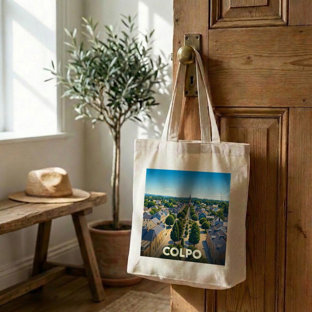 Tote bag souvenir de la ville de Colpo avec une illustration stylisée.