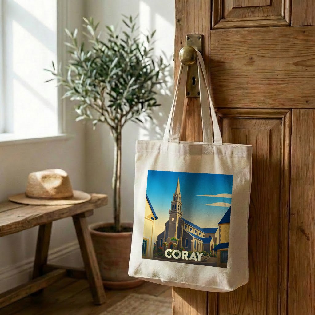 Tote bag souvenir de la ville de Coray avec une illustration stylisée de son église.