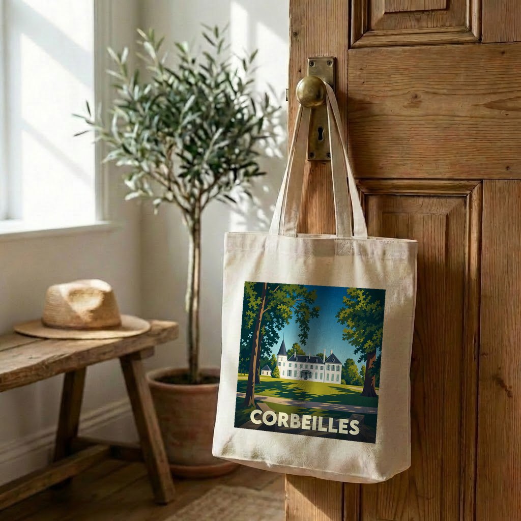 Tote bag souvenir de la ville de Corbeilles orné d'une illustration stylisée représentant un château.