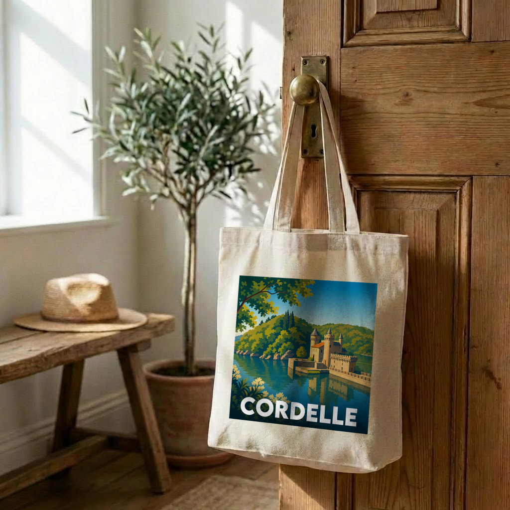 Tote bag souvenir de la ville de Cordelle avec une illustration stylisée de son château.