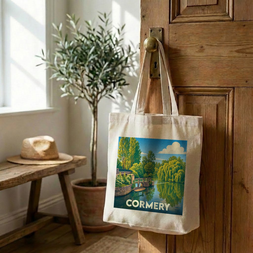 Tote bag souvenir de la ville de Cormery avec une illustration stylisée de son paysage fluvial.