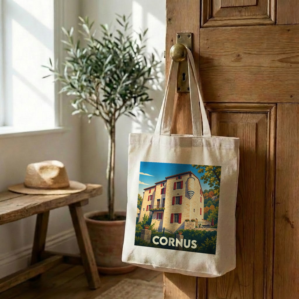 Tote bag souvenir de la ville de Cornus avec une illustration stylisée.