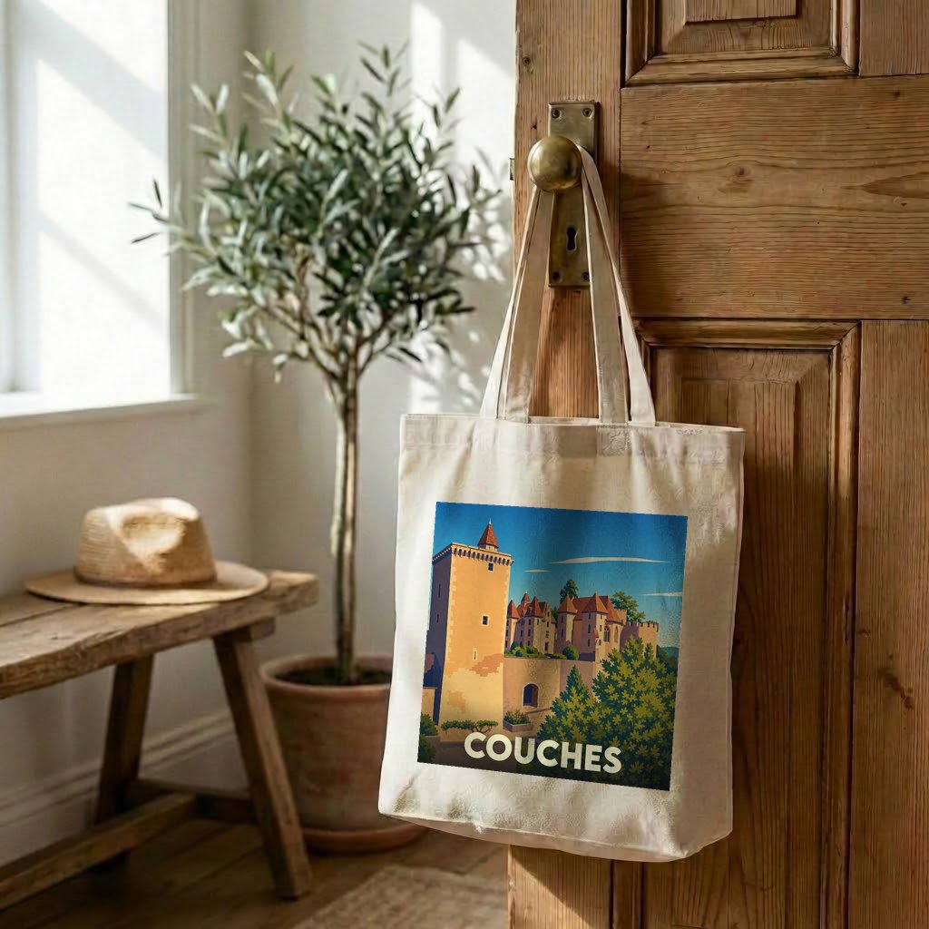 Tote bag souvenir de la ville de Couches avec une illustration stylisée de son château.