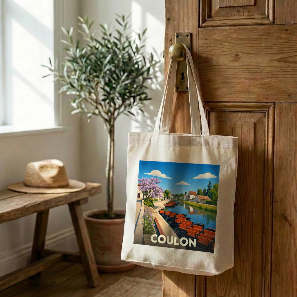 Tote bag souvenir de la ville de Coulon avec une illustration stylisée.