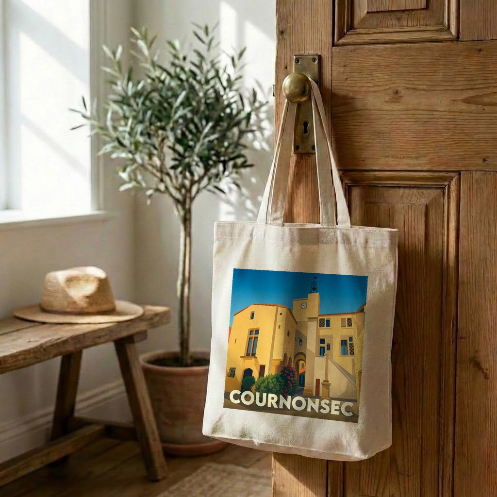 Tote bag souvenir de la ville de Cournonsec avec une illustration stylisée.