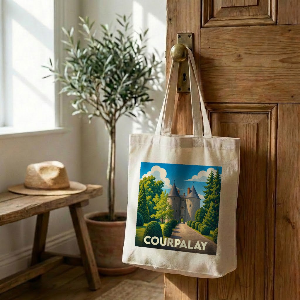 Tote bag souvenir de la ville de Courpalay avec une illustration stylisée de son château.