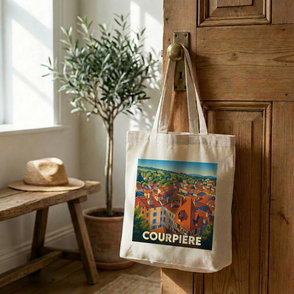 Tote bag souvenir de la ville de Courpière avec une illustration stylisée.