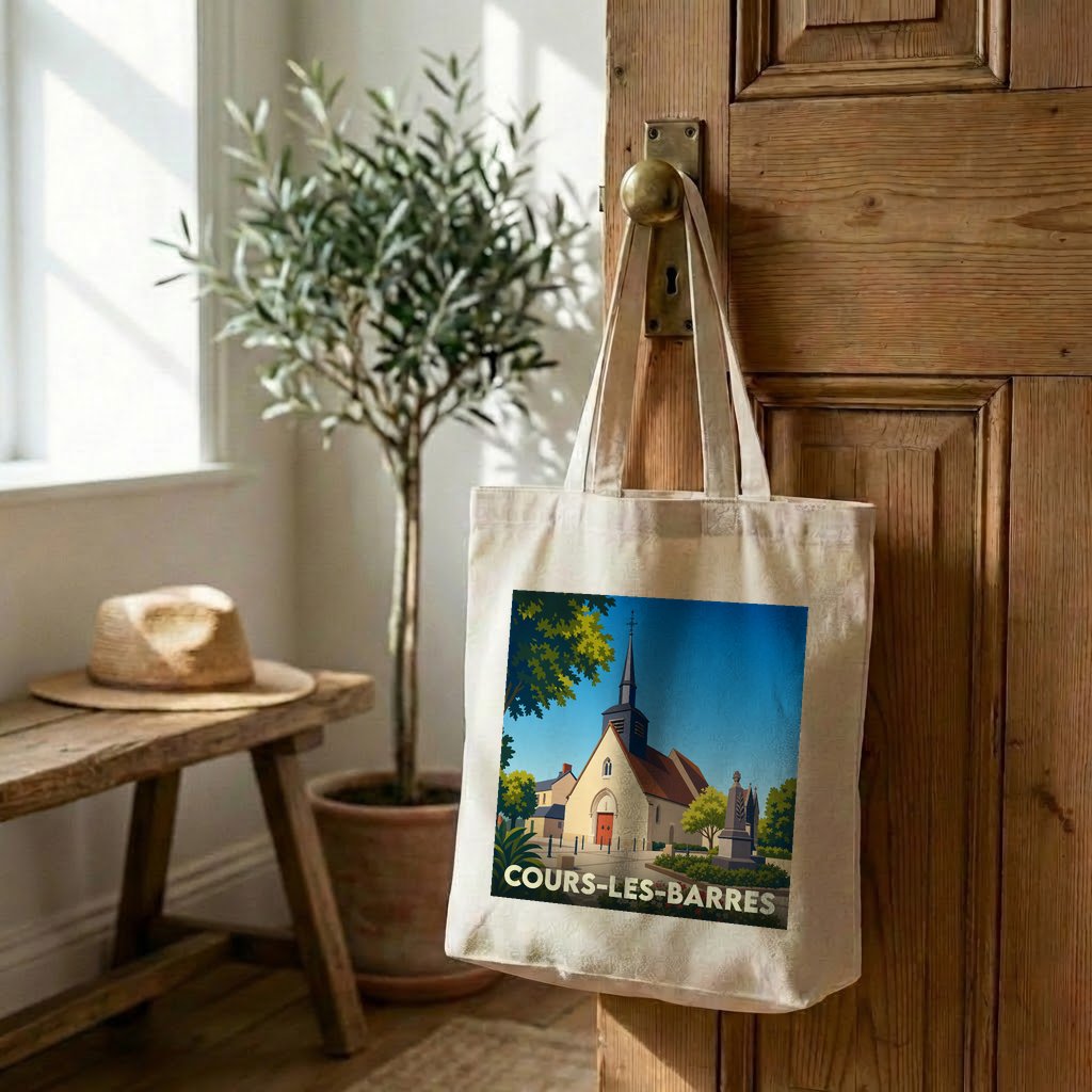 Tote bag souvenir de la ville de Cours-les-Barres avec une illustration stylisée.