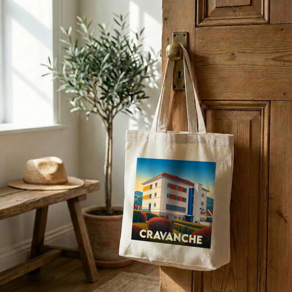 Tote bag souvenir de la ville de Cravanche avec une illustration stylisée.