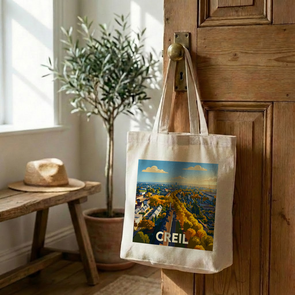 Tote bag souvenir de la ville de Creil avec une illustration stylisée.