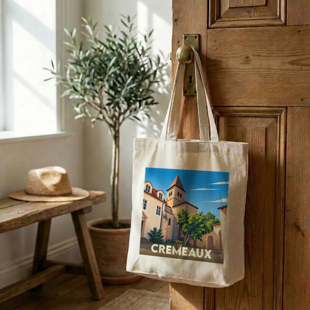 Tote bag souvenir de la ville de Cremeaux avec une illustration stylisée.