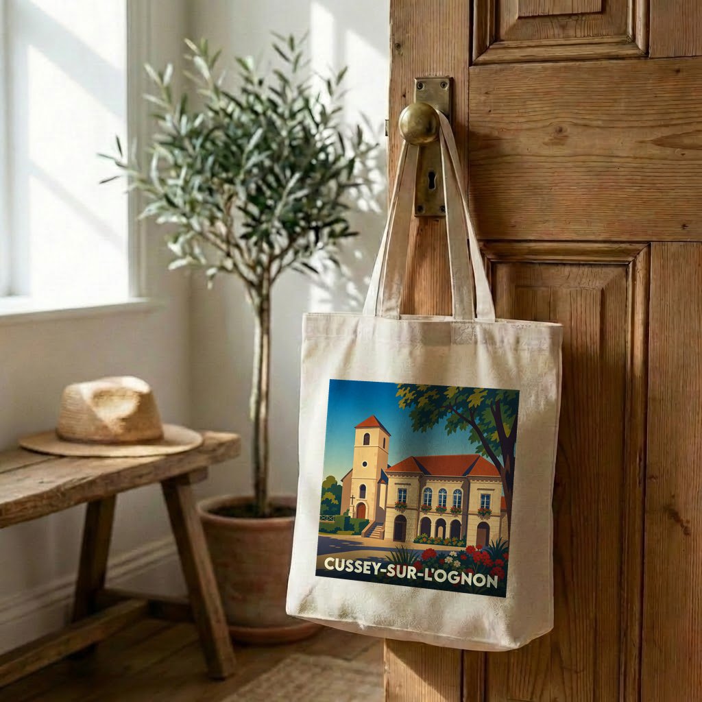 Tote bag souvenir de la ville de Cussey-sur-l'Ognon avec une illustration stylisée d'un bâtiment historique.
