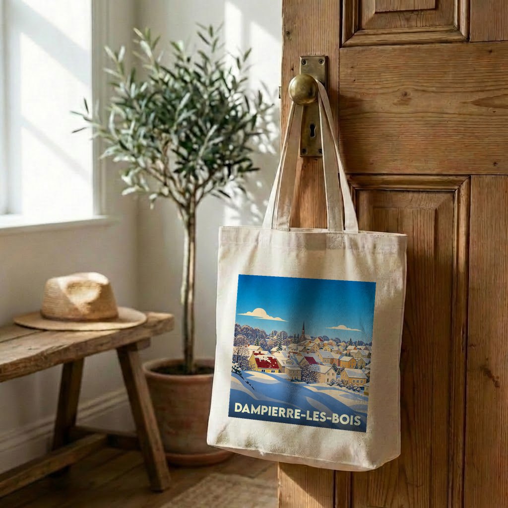 Tote bag souvenir de la ville de Dampierre-les-Bois avec une illustration hivernale stylisée.