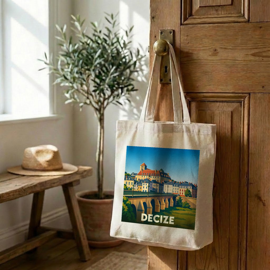 Tote bag souvenir de la ville de Decize avec une illustration stylisée.
