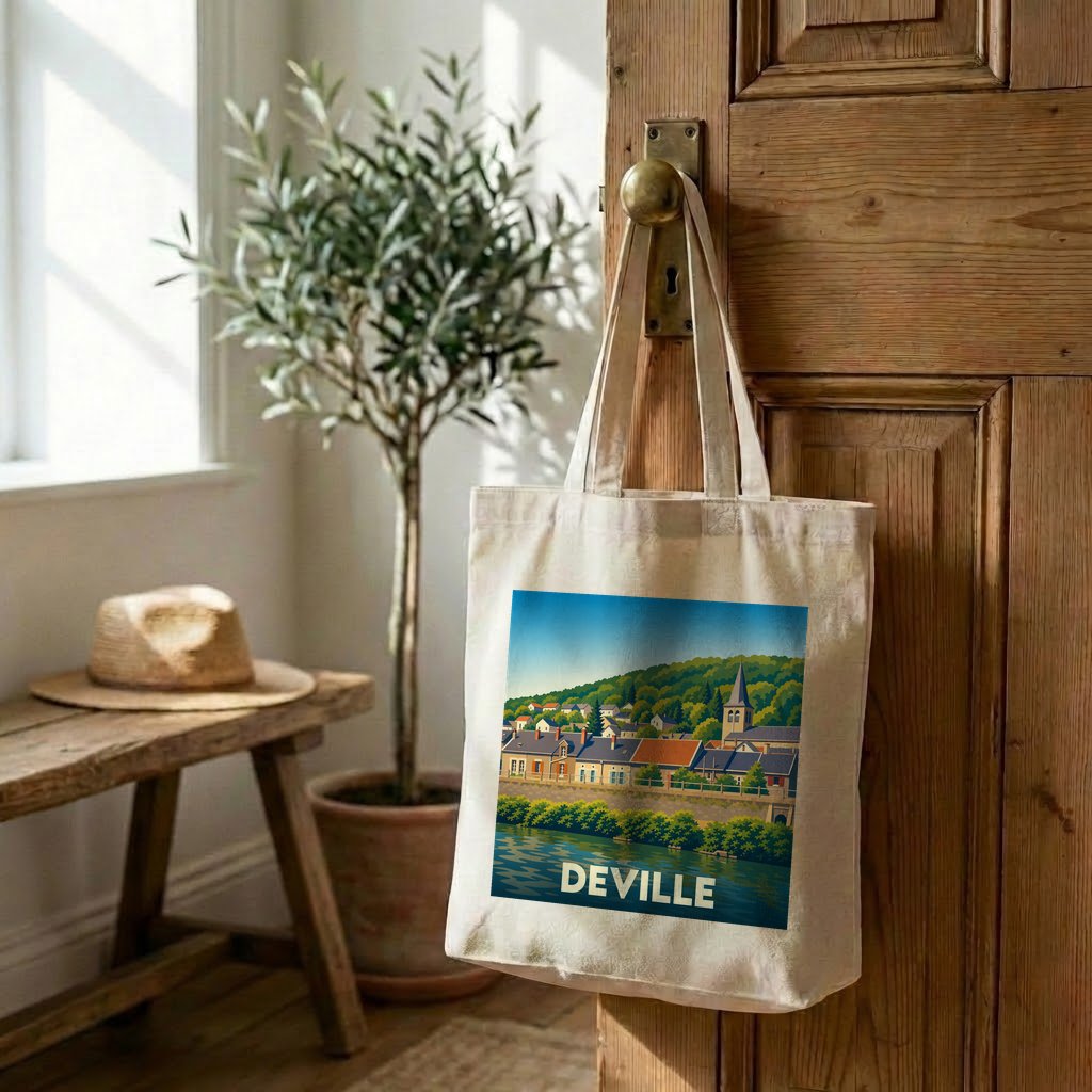 Tote bag souvenir de la ville de Deville avec une illustration stylisée.
