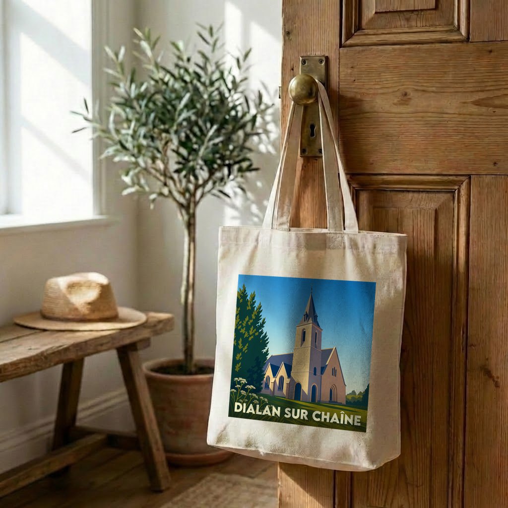 Tote bag souvenir de la ville de Dialan sur Chaîne avec une illustration stylisée de son église.