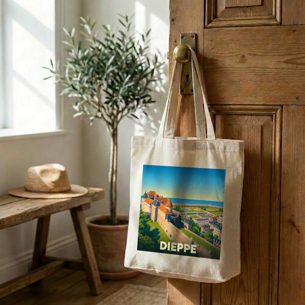 Tote bag souvenir de la ville de Dieppe orné d'une illustration stylisée de son château et du littoral.