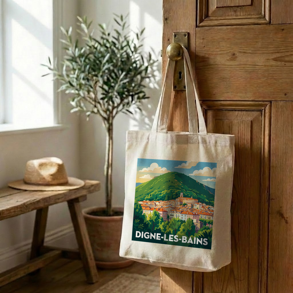 Tote bag souvenir de la ville de Digne-les-Bains avec une illustration stylisée.
