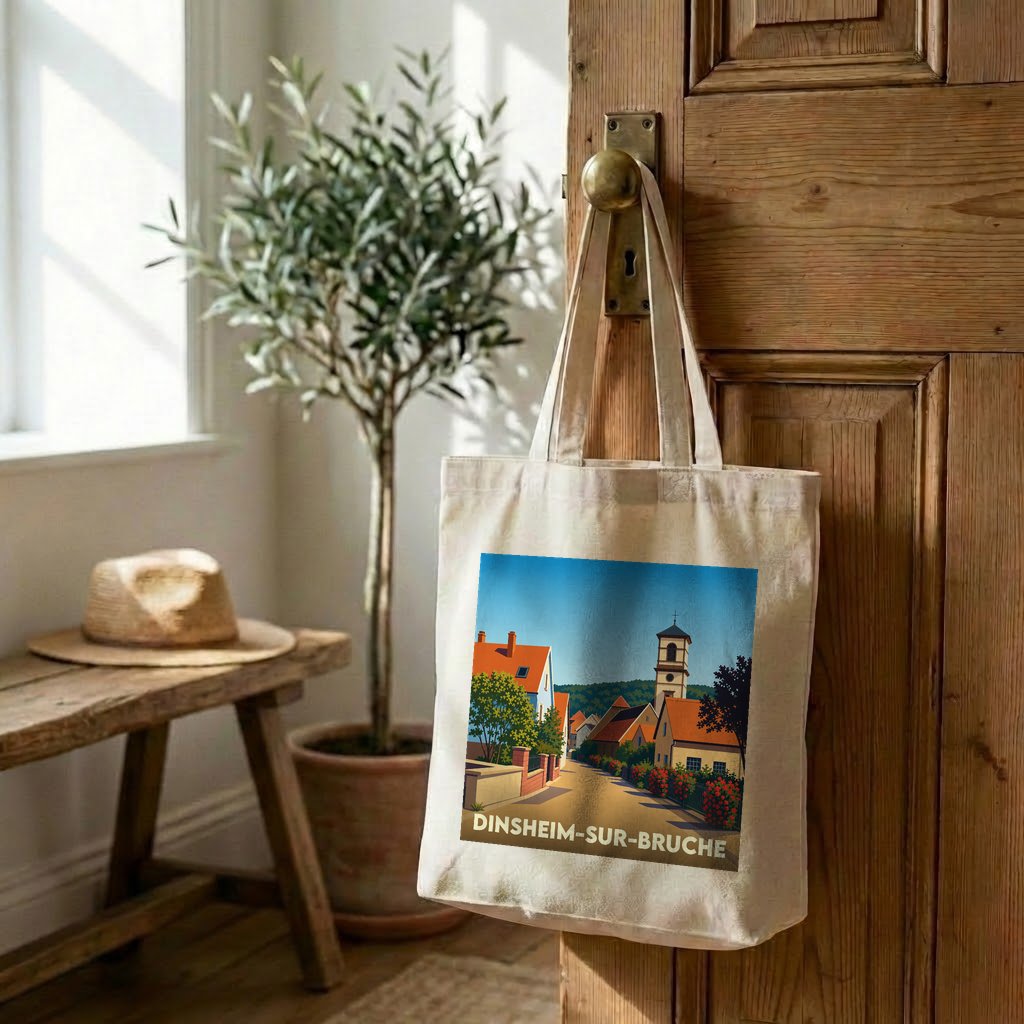 Tote bag souvenir de la ville de Dinsheim-sur-Bruche avec une illustration stylisée.