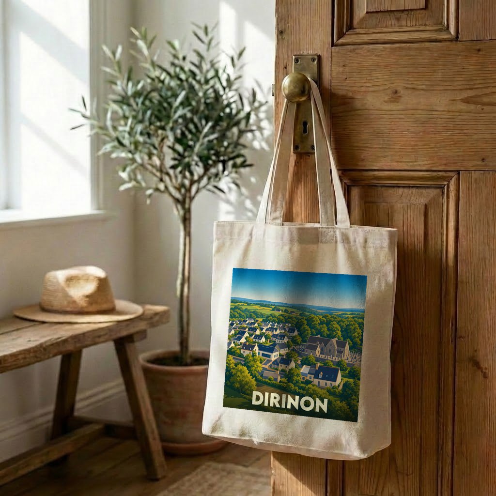 Tote bag souvenir de la ville de Dirinon avec une illustration paysagère stylisée.