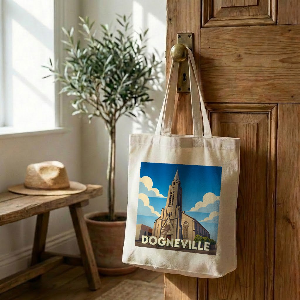 Tote bag souvenir de la ville de Dogneville avec une illustration stylisée de son église.
