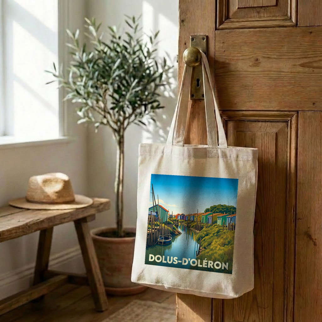 Tote bag souvenir de la ville de Dolus-d'Oléron avec une illustration colorée de cabanes de pêcheurs.