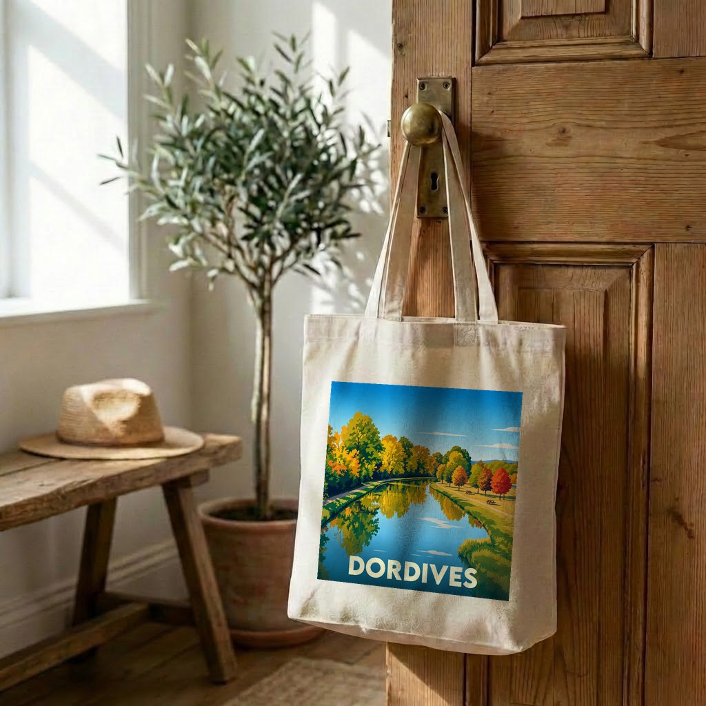 Tote bag souvenir de la ville de Dordives avec une illustration automnale stylisée.