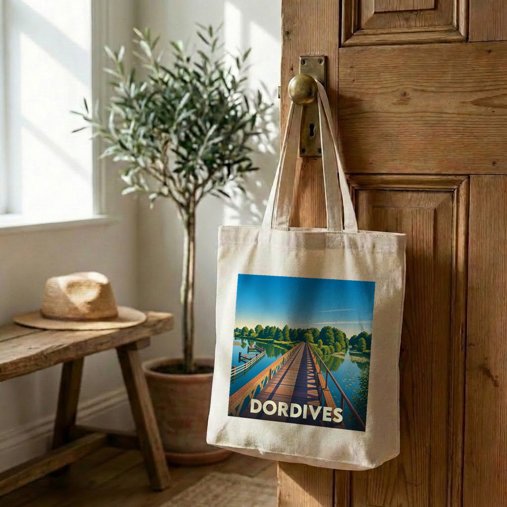 Tote bag souvenir de la ville de Dordives illustré d'un pont en bois au-dessus d'un cours d'eau.