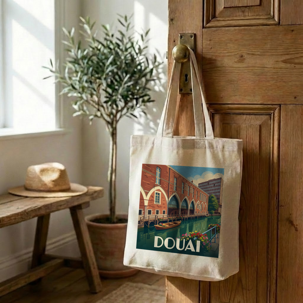 Tote bag souvenir de la ville de Douai avec une illustration stylisée.