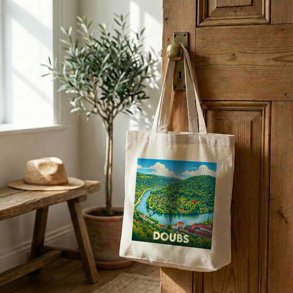 Tote bag souvenir du département du Doubs avec une illustration paysagère stylisée.