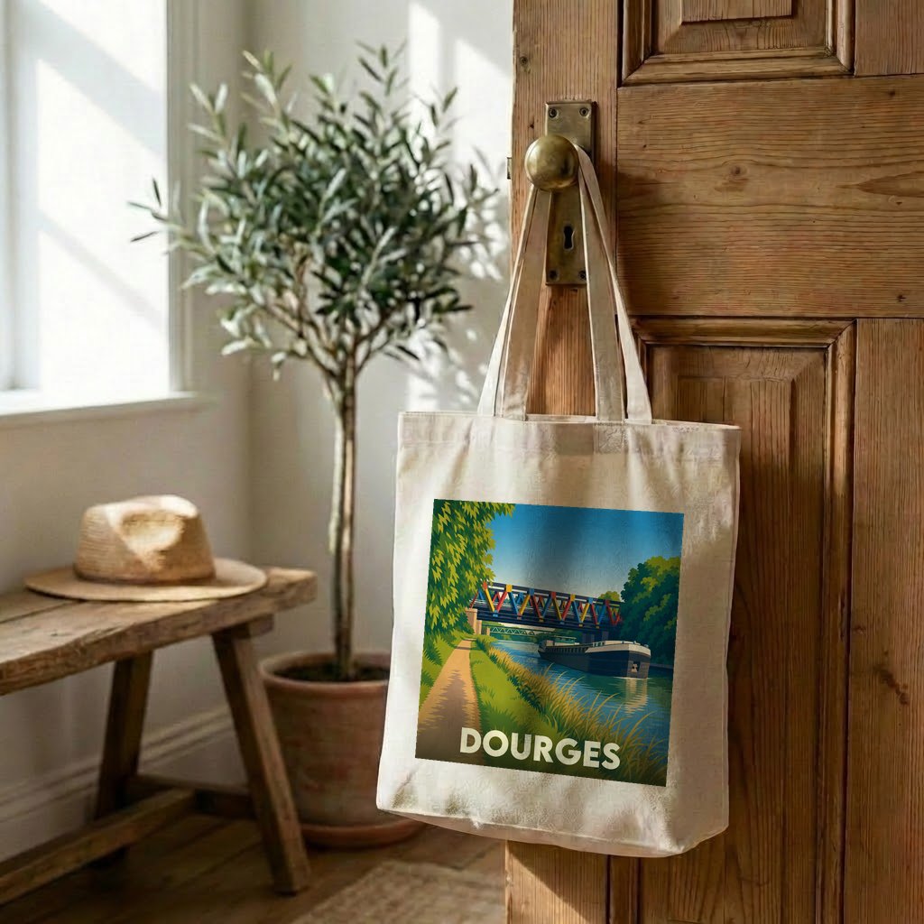 Tote bag souvenir de la ville de Dourges avec une illustration stylisée d'un canal et d'un pont.