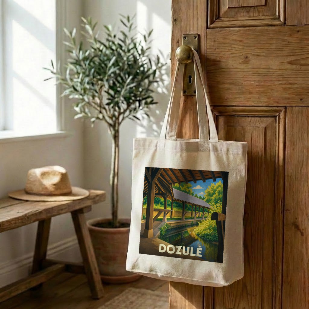 Tote bag souvenir de la ville de Dozulé avec une illustration stylisée d'un lavoir couvert.