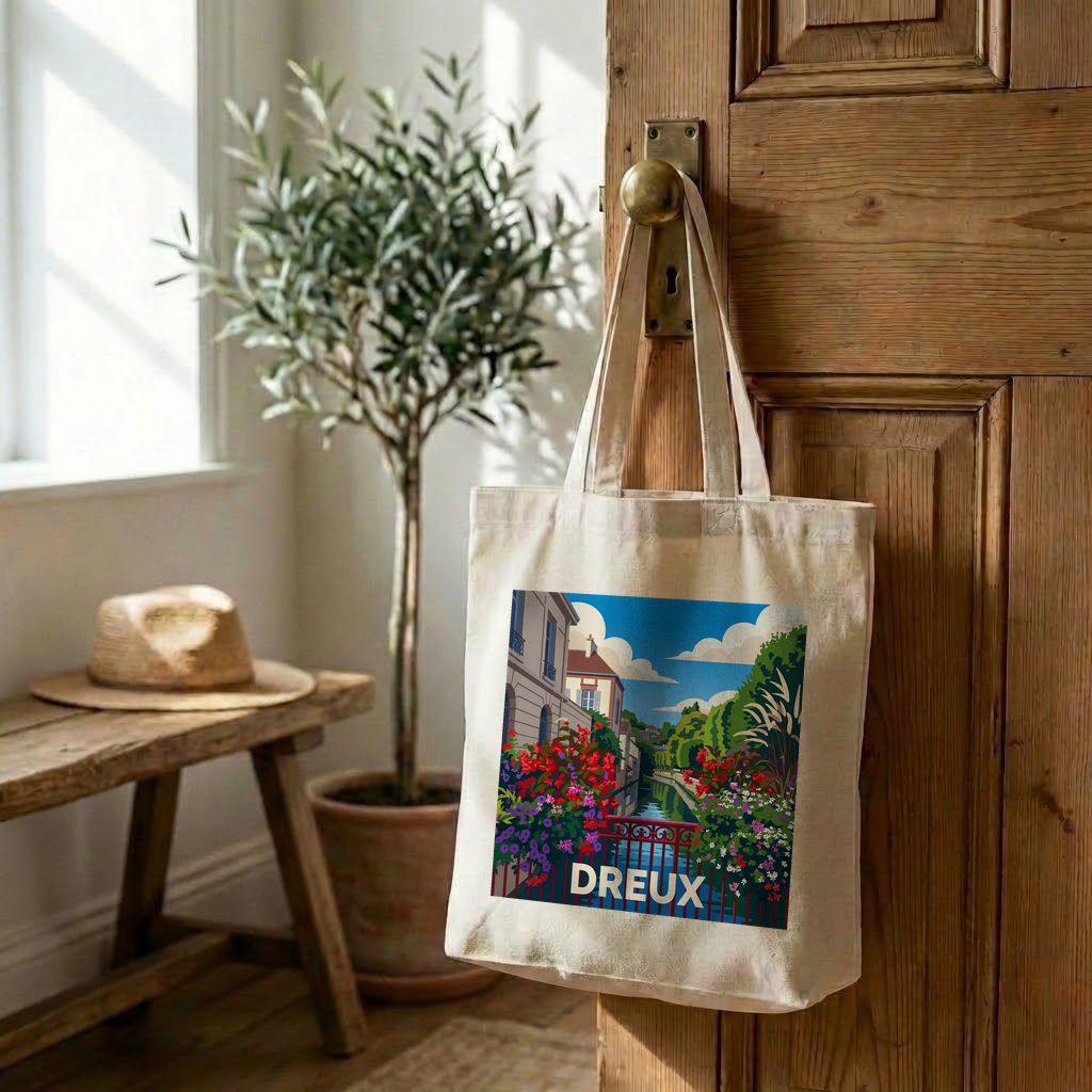 Tote bag souvenir de la ville de Dreux avec une illustration stylisée.