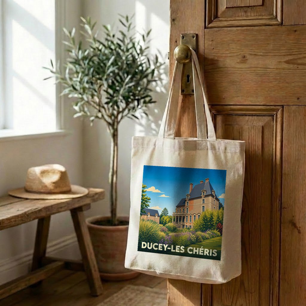 Tote bag souvenir de la ville de Ducey-Les Chéris avec une illustration stylisée d'un château.