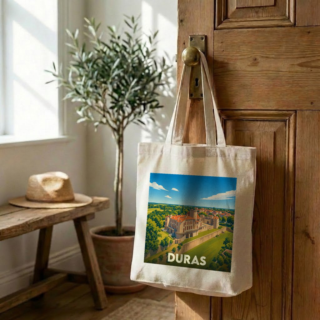 Tote bag souvenir de la ville de Duras avec une illustration stylisée de son château.