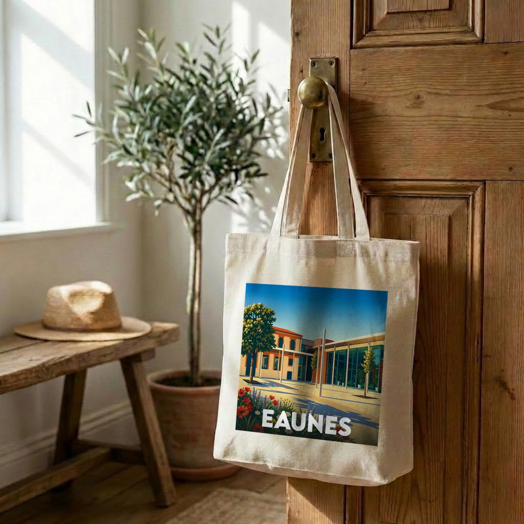 Tote bag souvenir de la ville d'Eaunes orné d'une illustration stylisée.