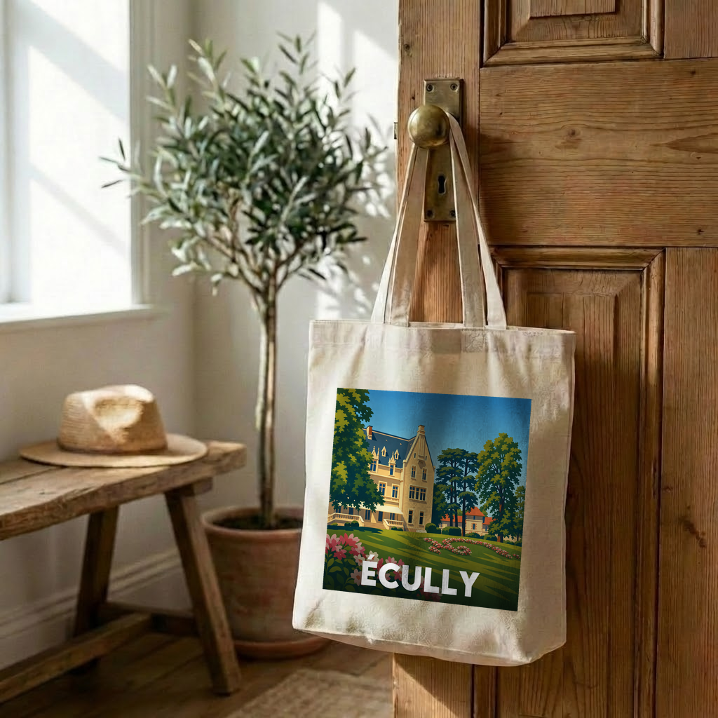 Tote bag souvenir de la ville d'Écully avec une illustration stylisée.