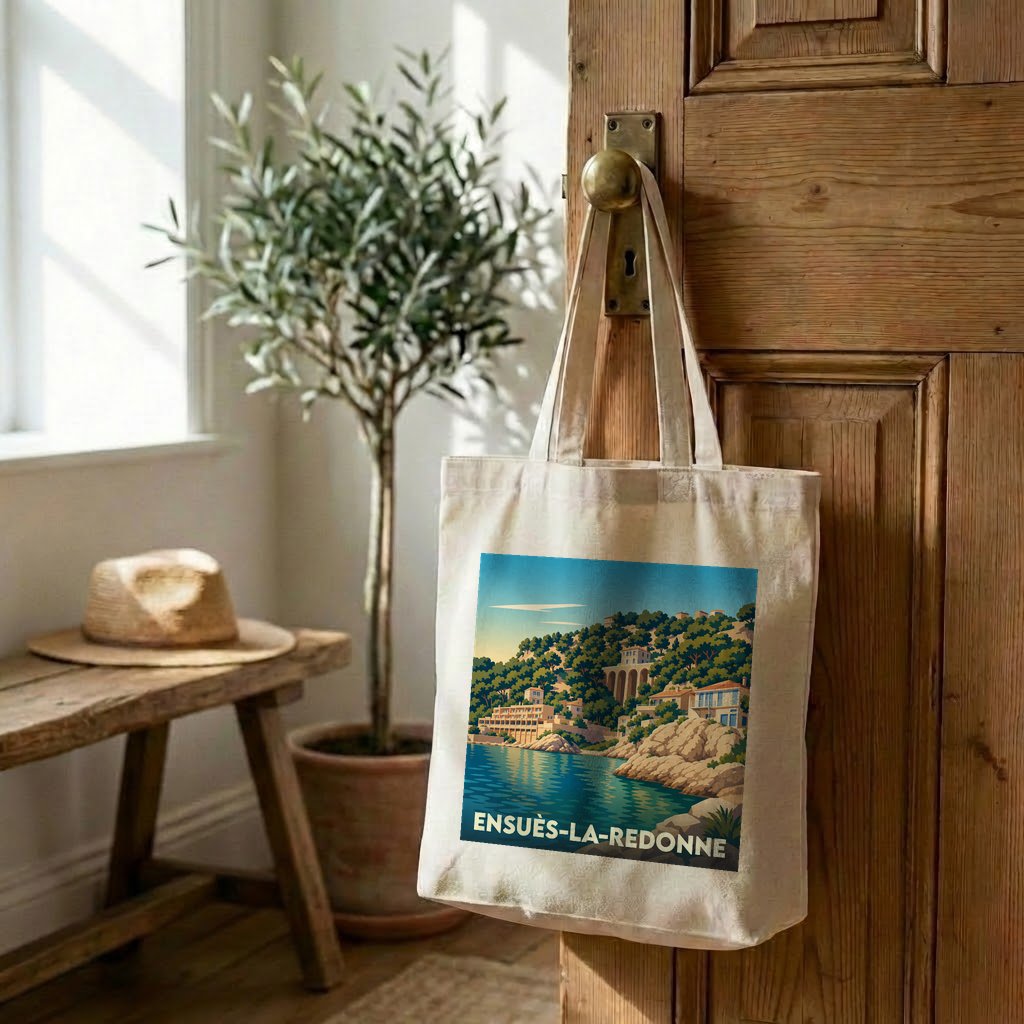 Tote bag souvenir de la ville d'Ensuès-la-Redonne avec une illustration stylisée de son littoral.