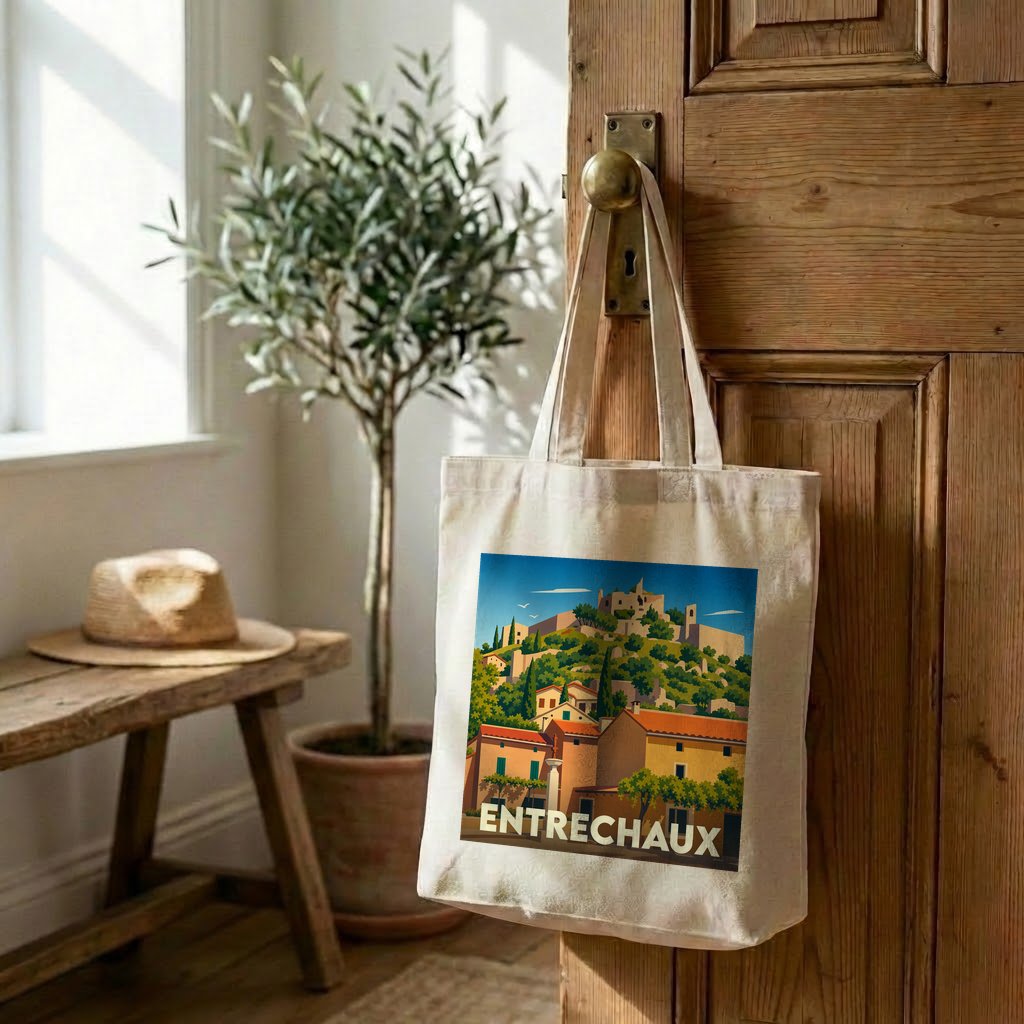 Tote bag souvenir de la ville d'Entrechaux avec une illustration stylisée d'un village provençal.