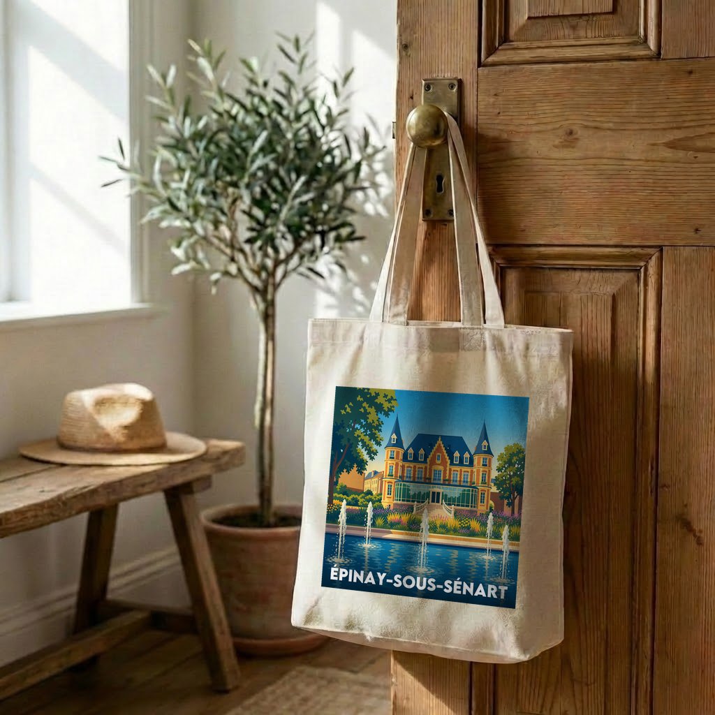 Tote bag souvenir de la ville d'Épinay-sous-Sénart avec une illustration stylisée d'un château et de ses fontaines.