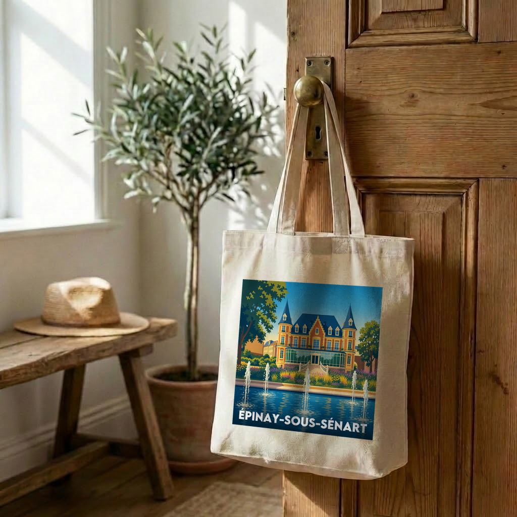 Tote bag souvenir de la ville d'Épinay-sous-Sénart avec une illustration stylisée d'un château et de ses fontaines.