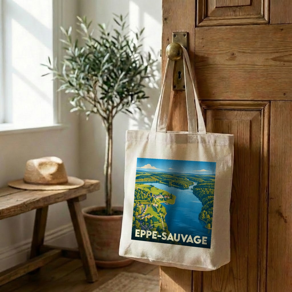 Tote bag souvenir de la ville d'Eppe-Sauvage avec une illustration stylisée d'un paysage lacustre.