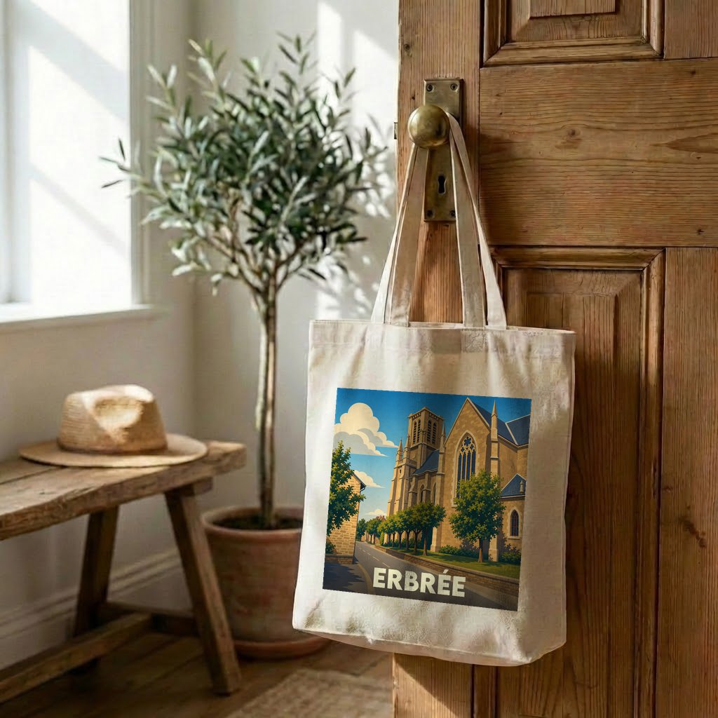 Tote bag souvenir de la ville de Erbrée avec une illustration stylisée de son église.