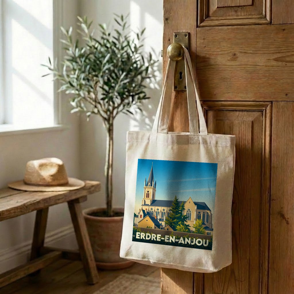 Tote bag souvenir de la ville d'Erdre-en-Anjou avec une illustration stylisée d'une église.