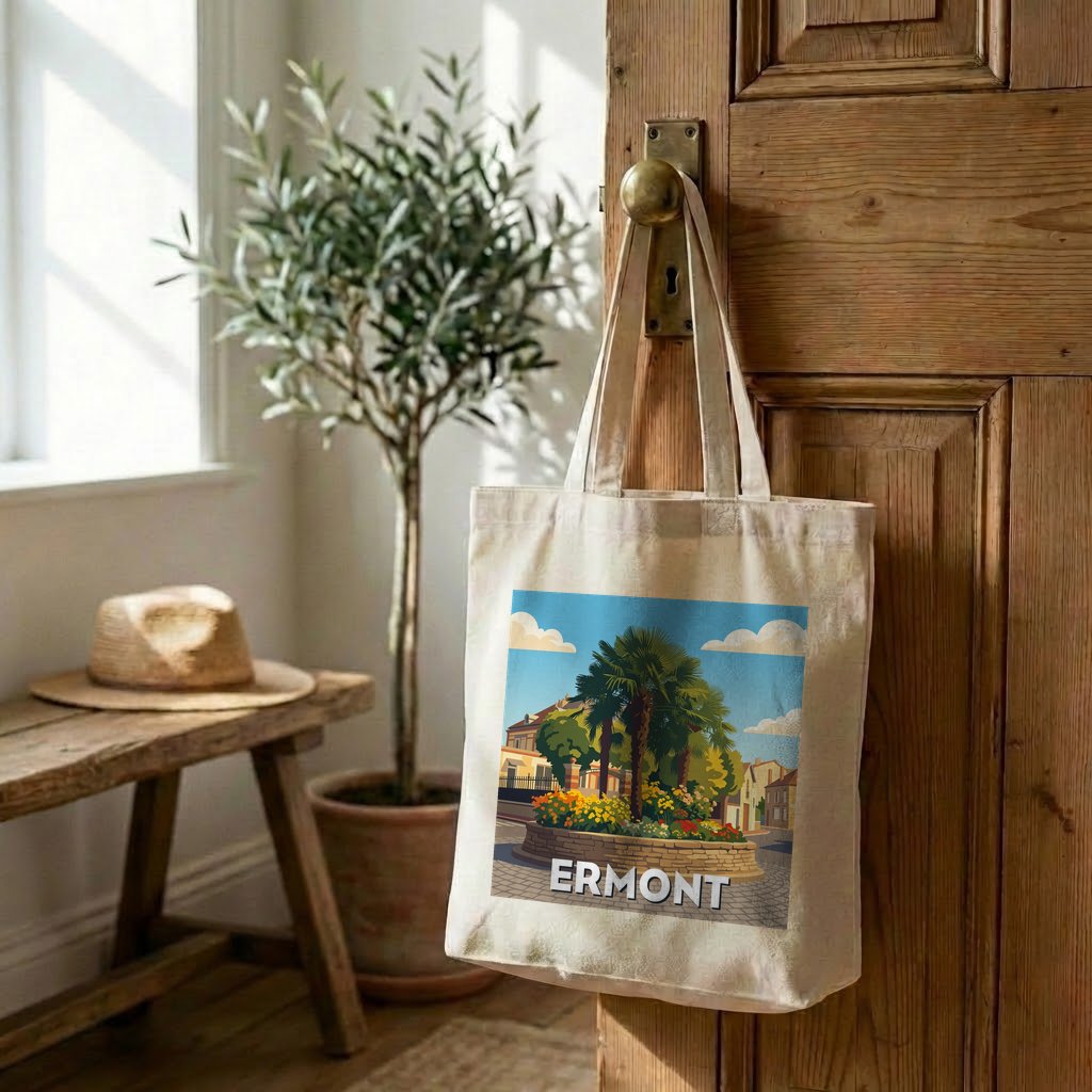 Tote bag souvenir de la ville d'Ermont avec une illustration colorée et stylisée.